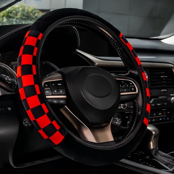 Checkered Plaid Car Steering Wheel Cover Protector Fluffy Plush Red-Black Universal Non-Slip Warm 15'' Elastic