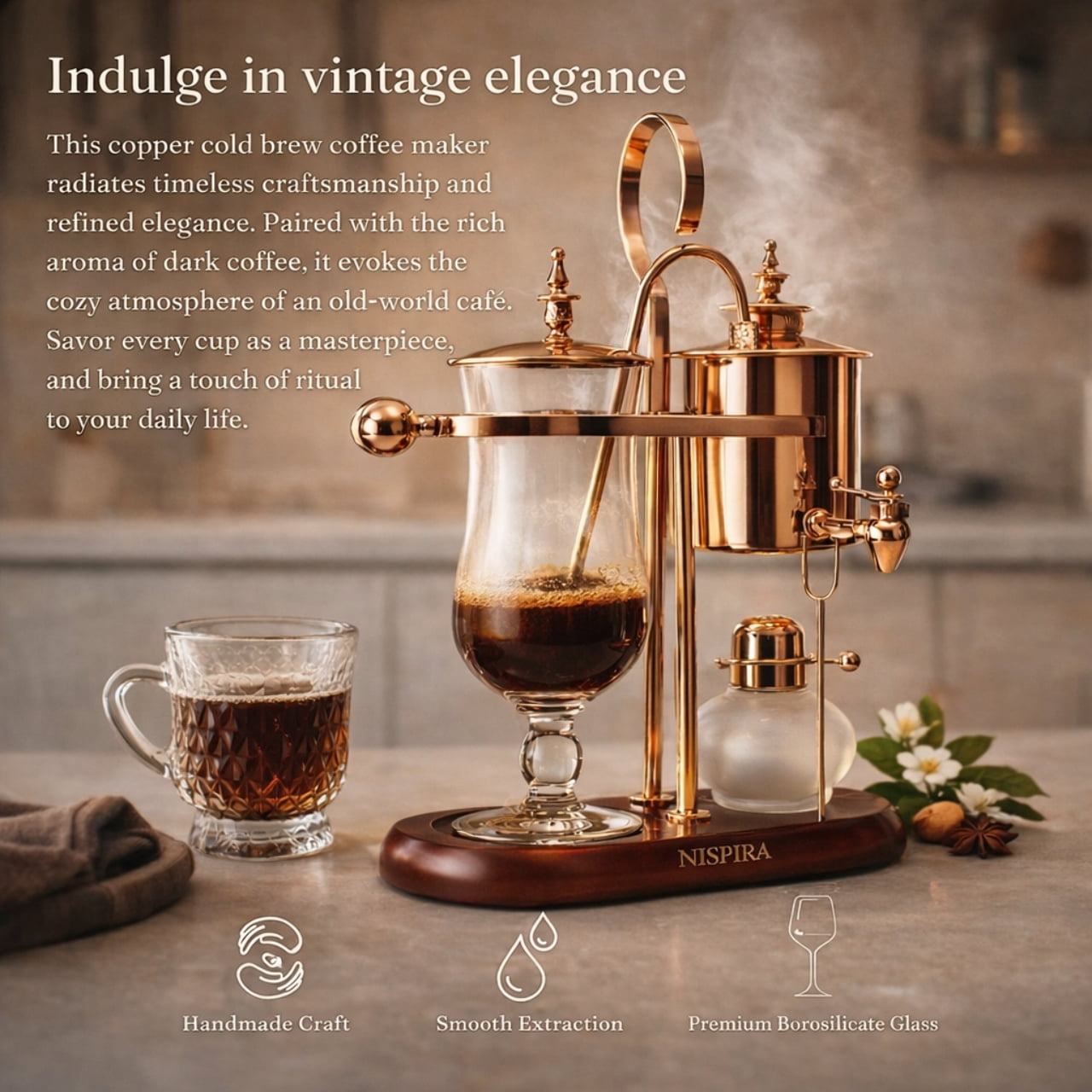 Nispira Belgian Belgium Luxury Royal Family Balance Syphon Siphon Coffee Maker Copper Color, 1 set