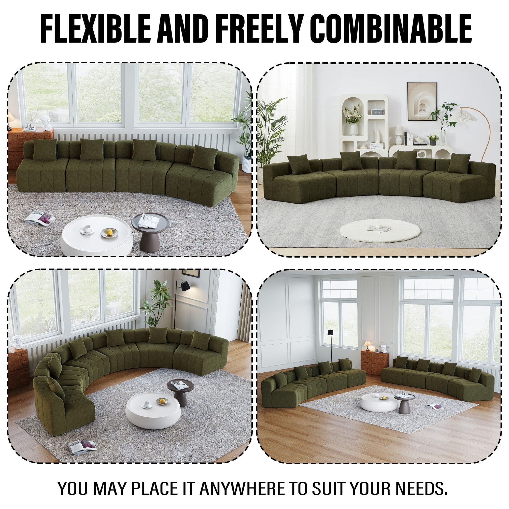 Sailvan Modular Curved Sectional Sofa, Chenille Circular Sofa with 4 Pillows, No Assembly Required Cloud Couch for Living Room & Office Green