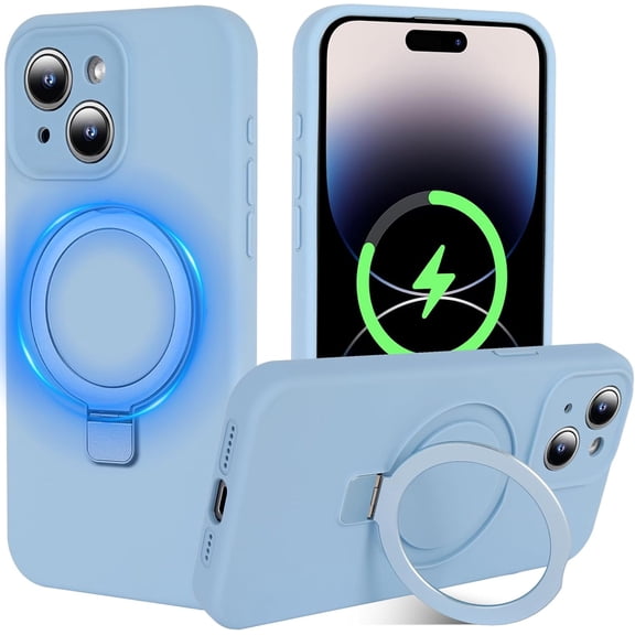 with Magnetic Invisible Stand Phone Case for iPhone 15 6.1 inches, Silicone Compatible with Magsafe Military Grade Full Camera Protection Phone Covers for Women Men(Light Blue)