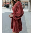thumbnail image 4 of Robe Courte Imprimée Rouge pour Femme à Col en V, Manches Ballon, Taille Smockée, 4 of 11