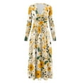 thumbnail image 5 of FKELYI White Yellow Flower Print Womens Fall Dress Long Sleeve Maxi Dress Casual Outdoor Cloth V Neck Soft Dresses with Pocket for Wedding Party, L, 5 of 6
