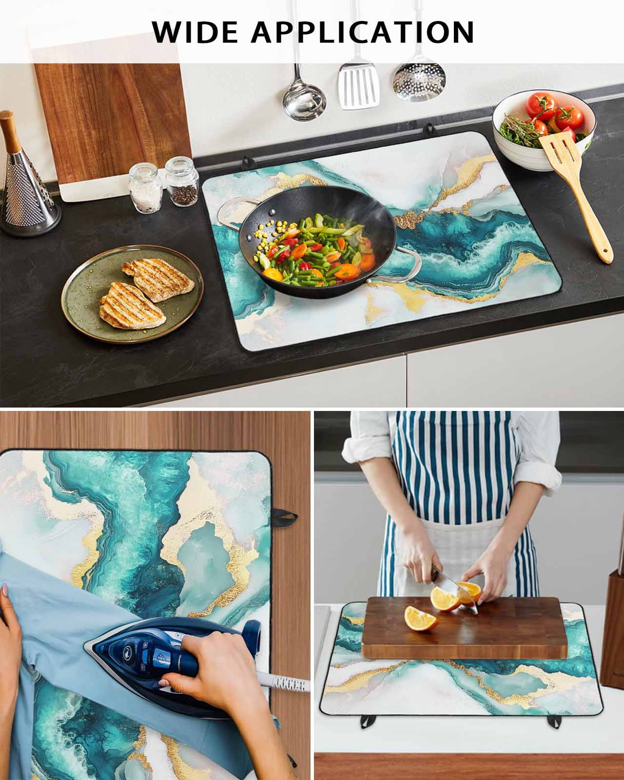nqOlkjepod Large Induction Cooktop Protector Mat 36"x21", Abstract Marble Stove Top Covers for Electric Stove, Turquoise Abstract Golden Foil Texture Stove Burner Cover Mats, Glass Top Stove Cover