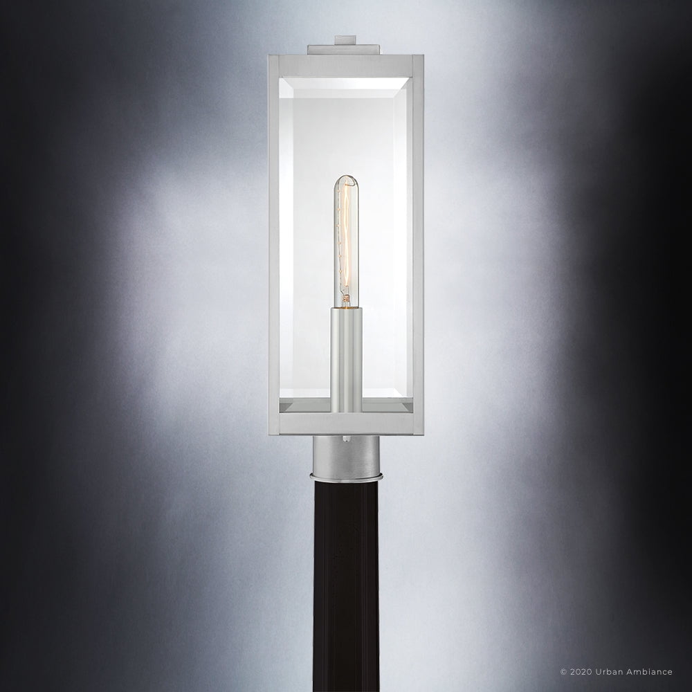 Luxury Modern Farmhouse Outdoor Post Light, 20.50''H x 7.00''W, with Industrial Style Elements, Minimalist Design, Stainless Steel Finish and Clear Beveled Glass, UQL1363