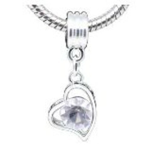 Silver Plated Rhinestone Heart Charm Dangle Beads Fit European Charm
