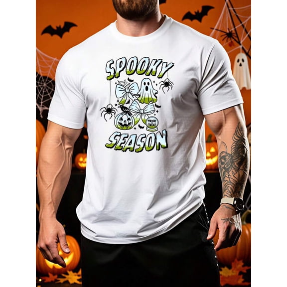Men's Crew Neck T-Shirt, Halloween Spooky Season Ghost Pumpkin Spider Web Print Graphic Tee, Casual Funny Horror Style, Autumn Festival Party Wear For