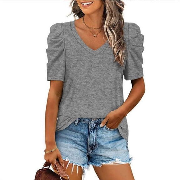 Womens Summer Shirt V Neck Casual Tshirts Puff Sleeve Tops for Women Solid Color XS-3XL Hort-Sleeved Top With Pleated Seams And V-Neck Design Grey S