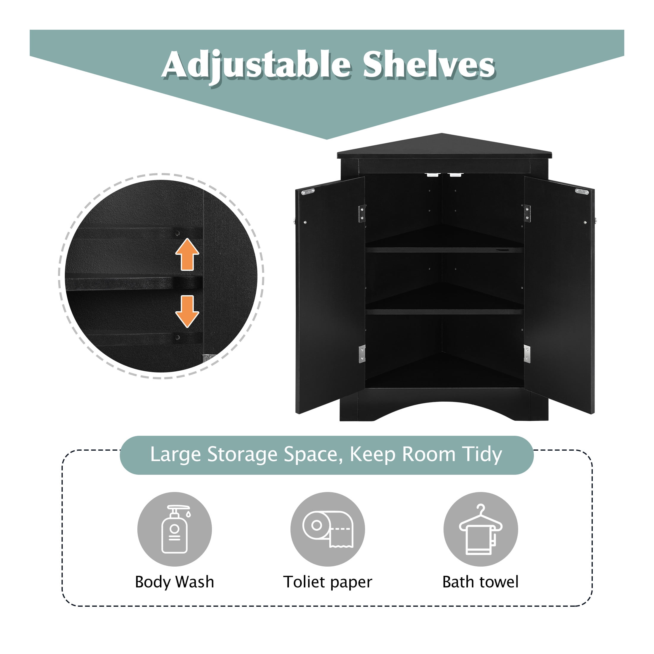 GDF Studio 17.2" Triangle Bathroom Storage Cabinet, Freestanding Corner Floor Cabinet, Adjustable Shelf, Black