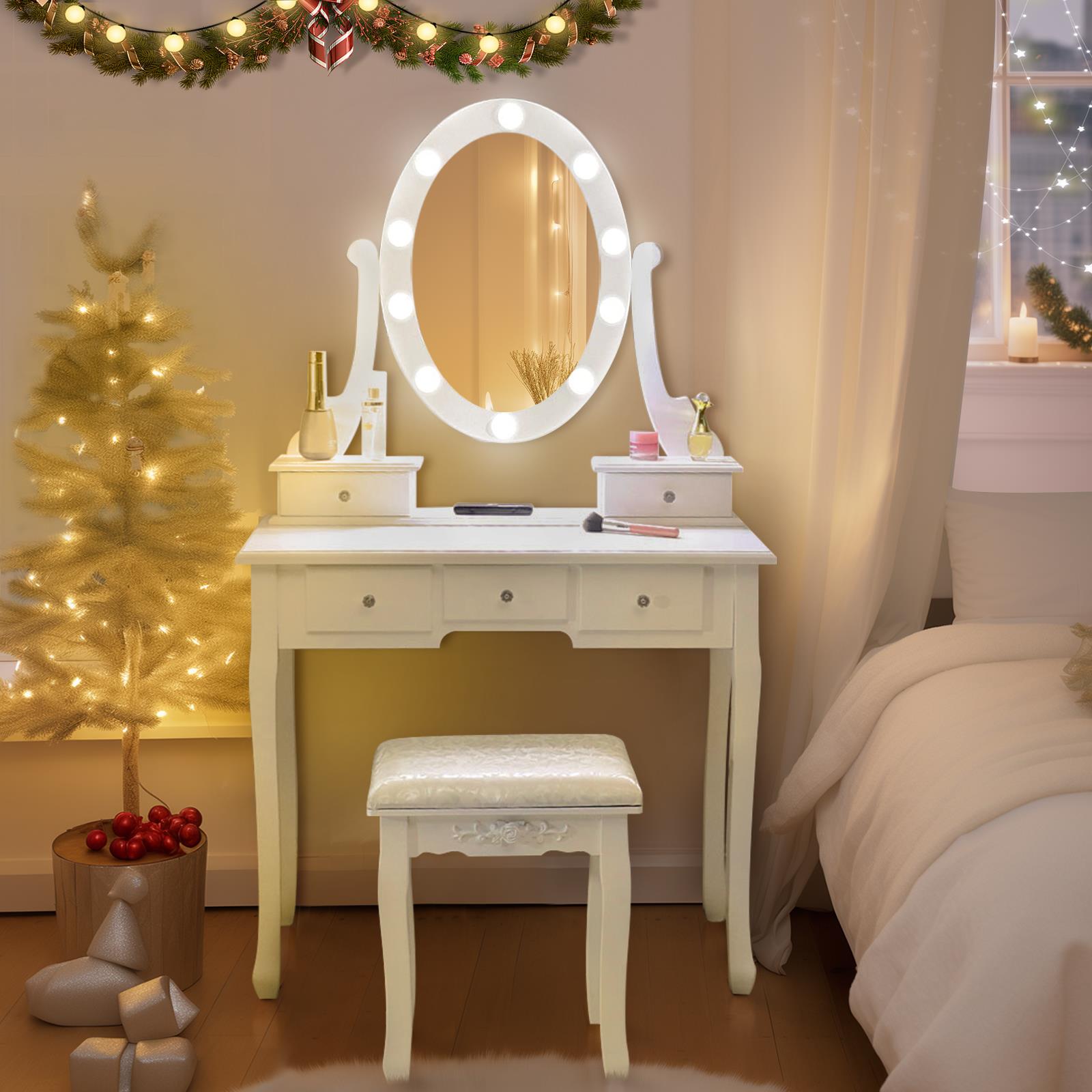Ktaxon Vanity Table 10 LED Lights, 5 Drawers Makeup Dressing Desk with Cushioned Stool Set,Bedroom Vanities Set White - image 2 of 13