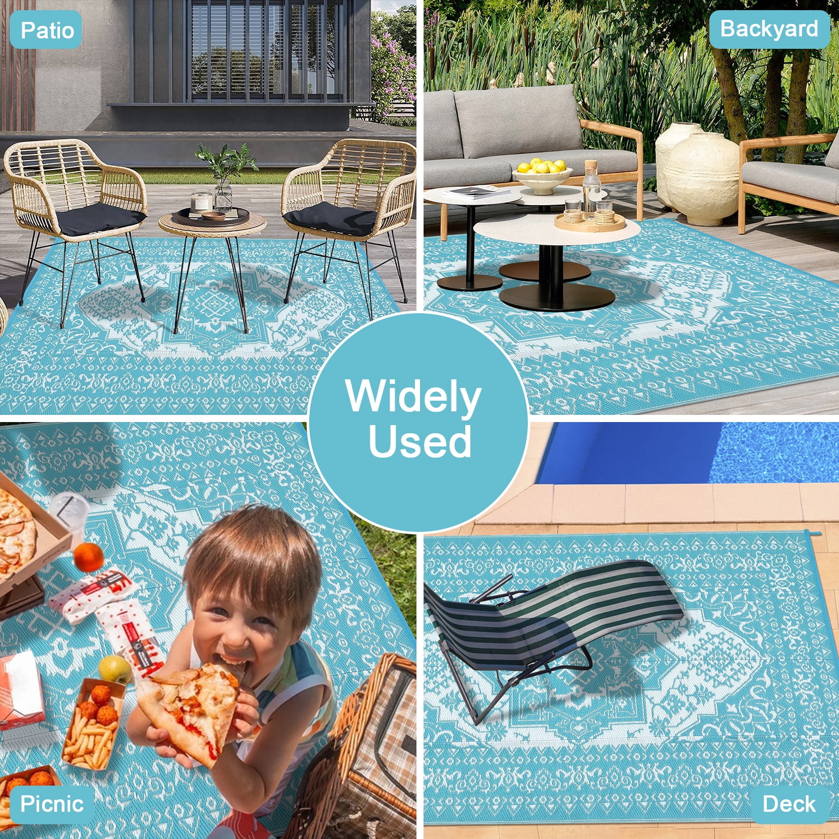 Senfot 8x10 Waterproof Reversible Plastic Straw Indoor Outdoor Area Rug for Patio RV Camping Balcony Deck Backyard Light Blue and White