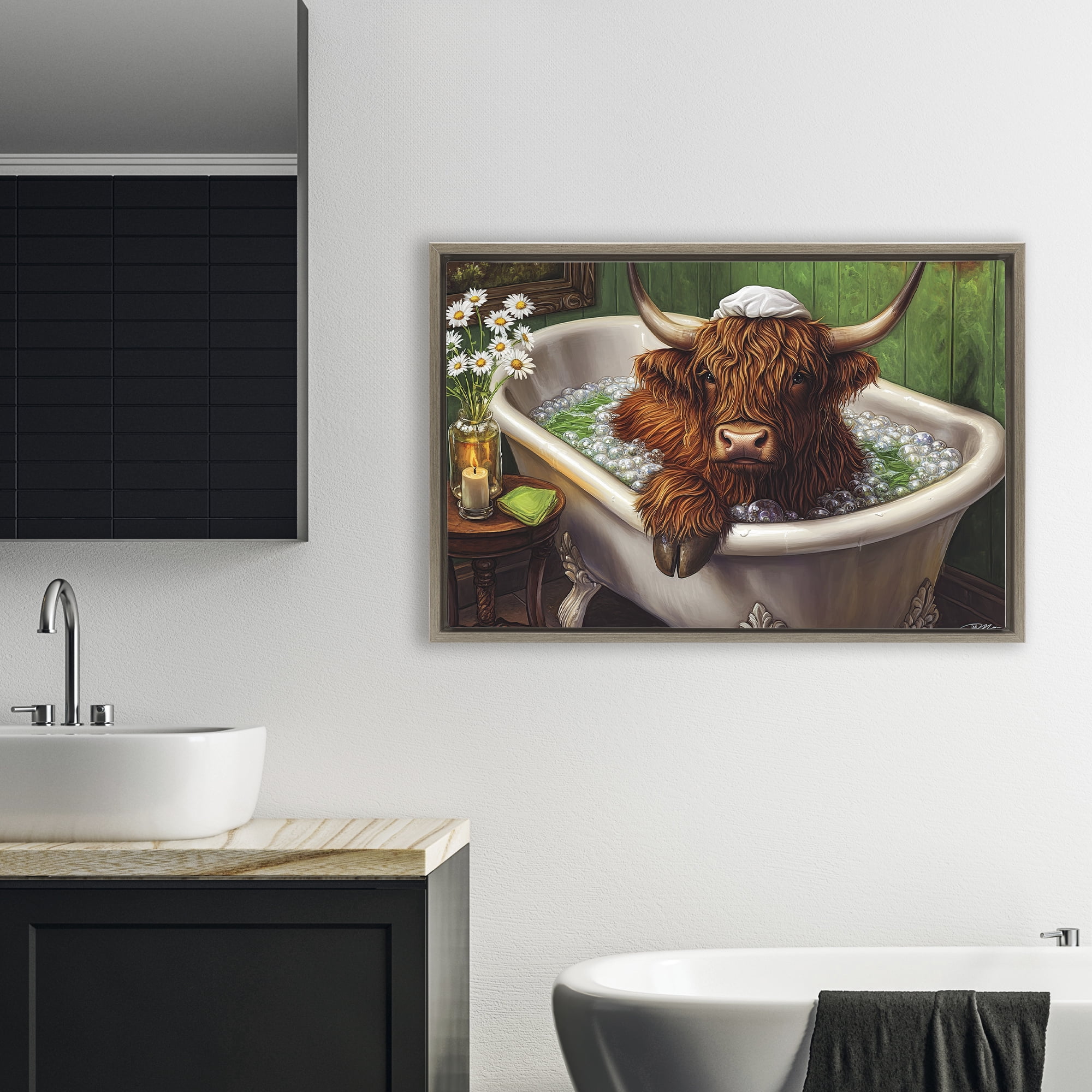 Highland in Candle Lit Bubble Bath Brown Framed Floater Canvas Wall Art, design by Momart