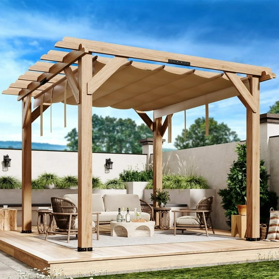 TROPOW Gazebos for Gardens,10x12 FT Cedar Wood Pergola with Retractable Oxford Fabric Roof, Wooden Outdoor Patio Canopy Gazebo with Shade