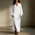thumbnail image 5 of Maxi Dress for Women Solid Color Cotton Linen Long Sleeve Side Slit Loose Dress for Casual & Party Wear, 5 of 7
