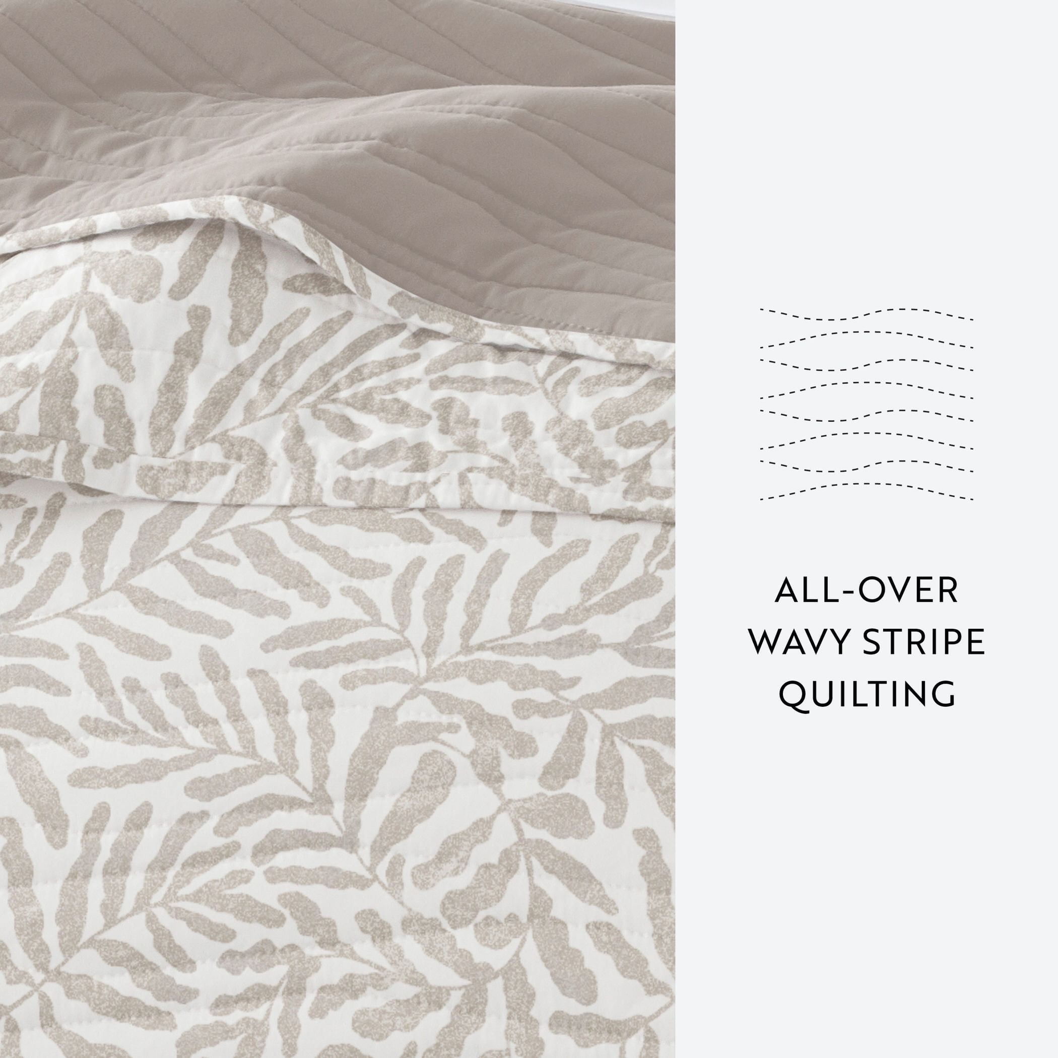 Noble Linens 3-Piece Taupe Tossed Ferns Reversible Quilt Set, Queen