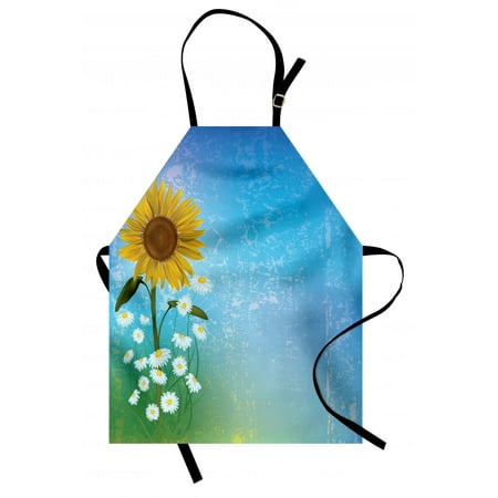 - Sunflower Apron Grunge Floral Illustration with Sunflower and Chamomiles Pastel Summer Art, Unisex Kitchen Bib Apron with Adjustable Neck for Cooking Baking Gardening, Blue Yellow Green, by Ambesonne