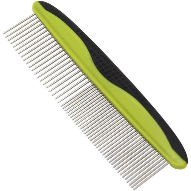 Pet Combs for Detangling & De-Shedding, Stainless Steel Rounded Tips Teeth 2-in-1 Design for Long & Short-haired Pets, Comfortable Non-Slip Grip Handle for Safe & Efficient Grooming, Dual Sides