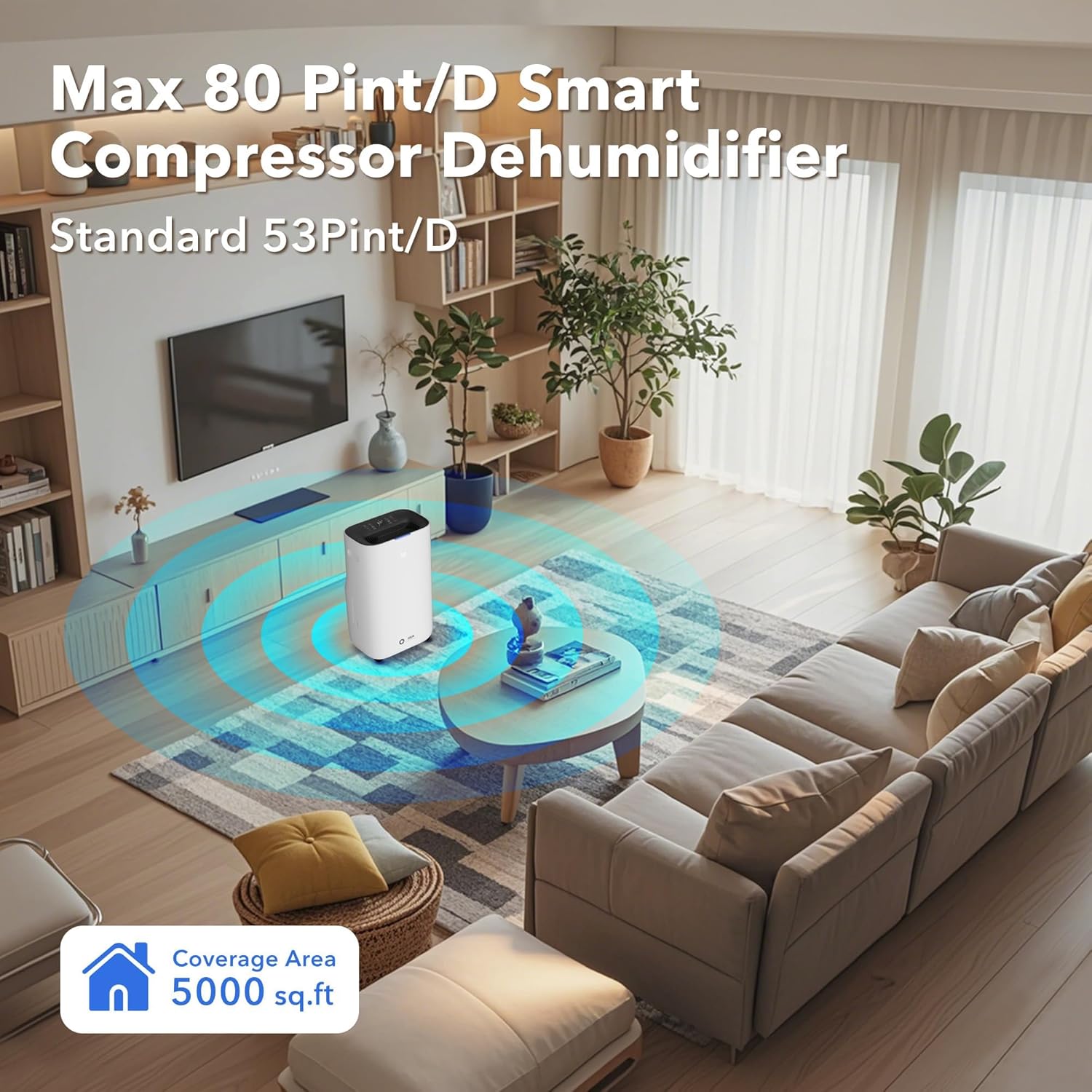 HBN Max 80 Pint Smart Dehumidifier for Home, 4500 Sq.ft Efficient Dehumidifier with Drain Hose, 1.71 Gallon Water Tank, Intelligent Humidity Dehumidifiers for Basement, Bedroom, Bathroom
