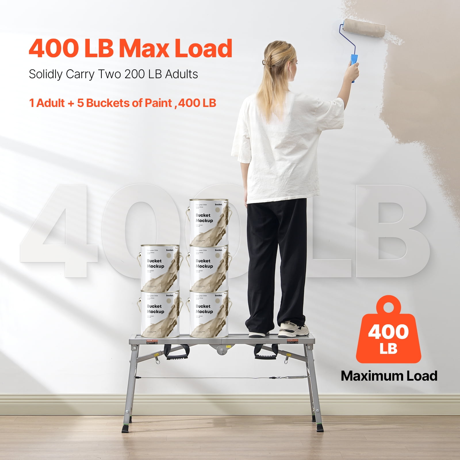 VEVOR Work Platform, 3 Gear Adjustable Height, Folding Alloy Steel Step Ladder, Portable Scaffolding Platform, 400 lb Load Capacity,Non-Slip Rubber Feet, Drywall Painting Stool,for Cleaning &Washing