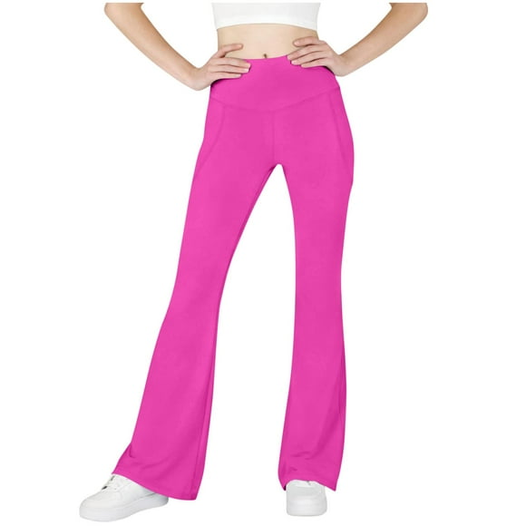 Lovzfmll Youth High-Waist Yoga Flare Pants for Girls, Dance Leggings with Pockets, Stretchy Bootcut Athletic Bottoms for Little Girls, 6-7 Years