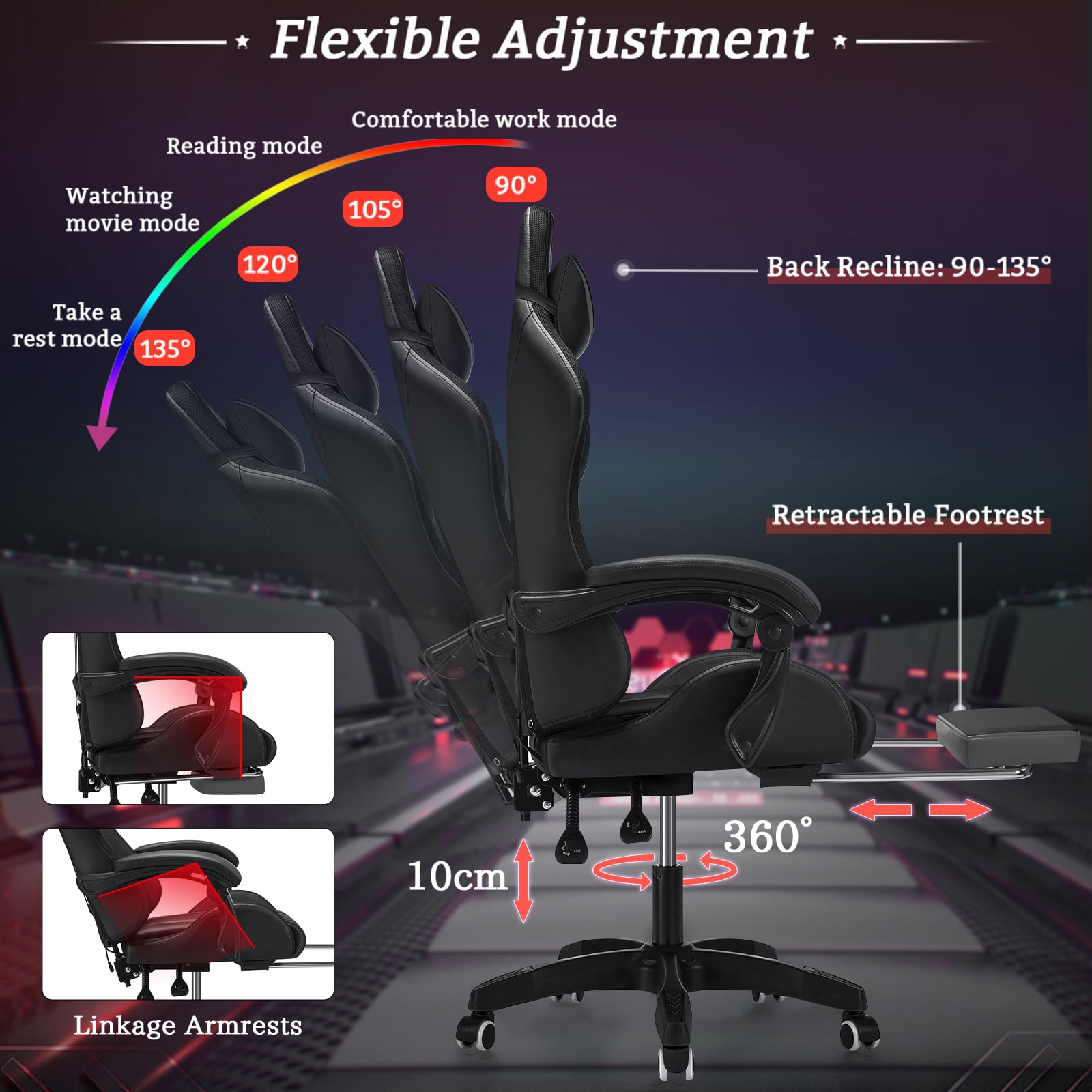 HOFFREE Gaming Chair with Massage and LED RGB Lights Ergonomic Computer Chair with Footrest High Back Video Game Chair with Adjustable Lumbar Support Linkage Armrest for Home Office
