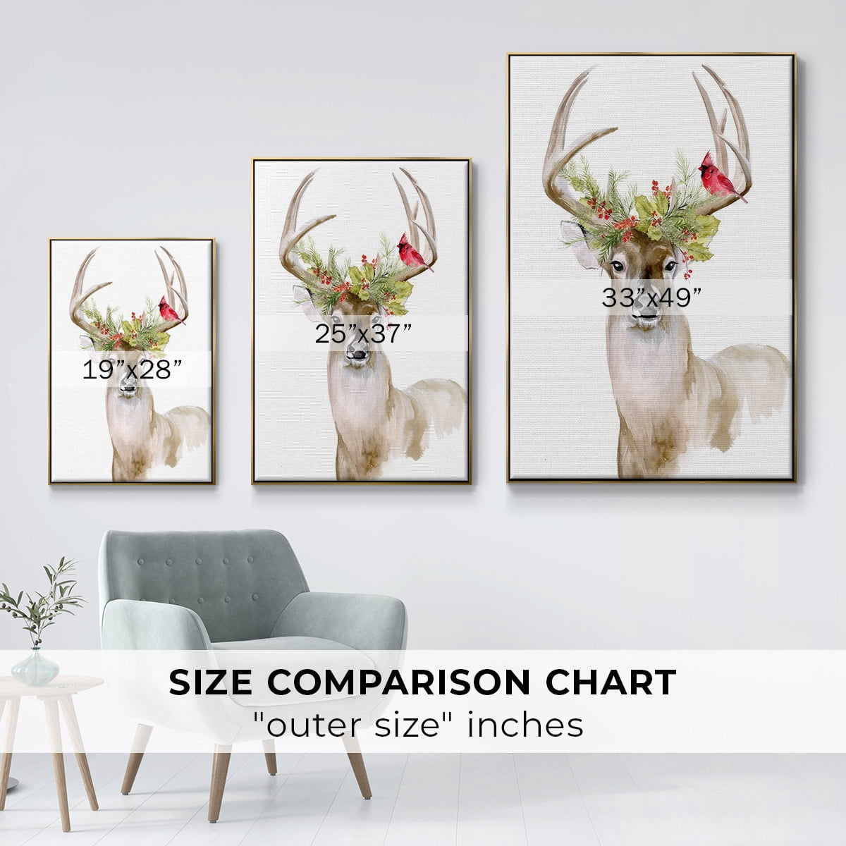 Holiday Deer I - Framed Gallery Wrapped Holiday Canvas - 27 x 41 - Gold Frame