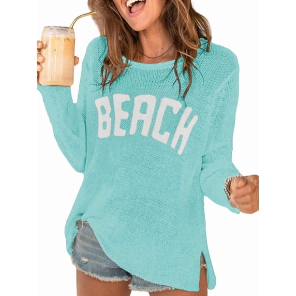 Suéter para Mujer, con Estampado de Letras, Larga, Cuello Redondo, Dobladillo Dividido, Crochet. Verde L