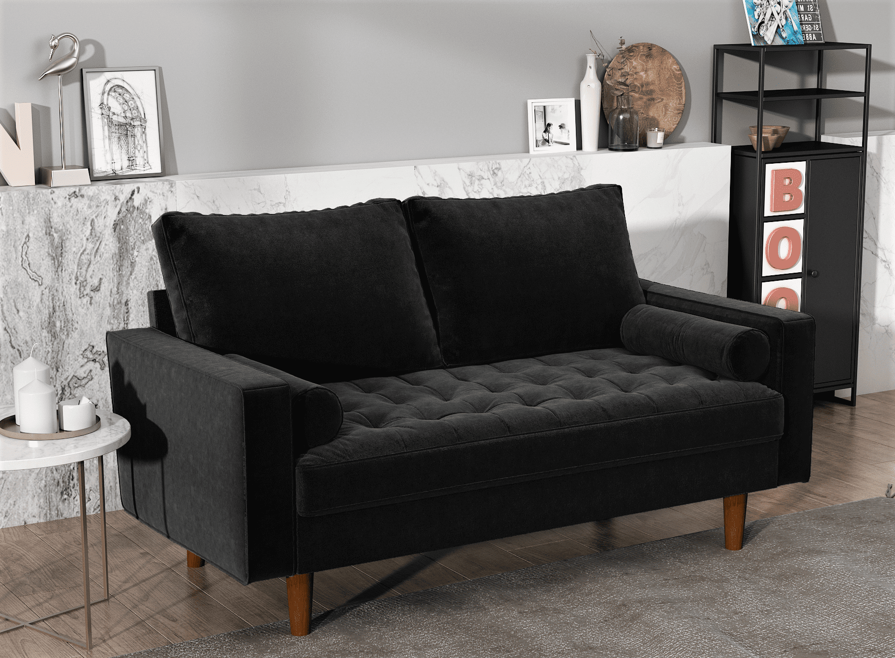US Pride Furniture Mac Velvet 2 Seater Living Room Loveseat, Black
