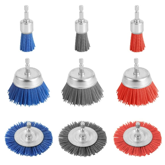 Qucyy 9pcs Nylon Wire Wheel & Cup Brush Set for Drill, 3 Sizes Abrasive Brush with 1/4in Hex Shank for Cleaning Sanding Drill Scrub Brush Attachment Remove Paint 80/100/240 Grit Blue