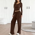 thumbnail image 2 of OIOLOYJM Two Piece Sets for Women Flowy Dressy Lounge Set Fashion Long Sleeve Cropped Tops Wide Leg Drawstring Pants Casual Outfits Spring Summer Vacation Travel Tracksuit Coffee XL, 2 of 4