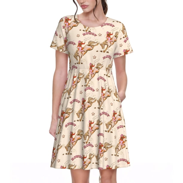 Easygdp Howdy Cowgirl para Vestido Transpirable de Mujer, Vestido Suelto de Manga Corta con Pliegues y Bolsillos para el Verano