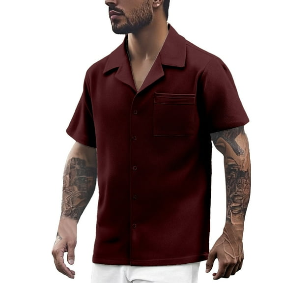 Men's Button Down Oversized Cuban Guayabera Shirts Loose Fit Casual Trendy Short Sleeve Tops Summer V-Neck T-Shirts With Pocket