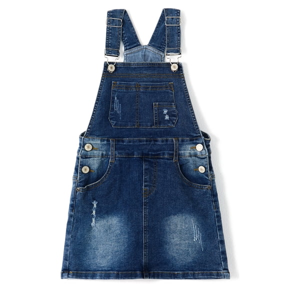 KIDSCOOL SPACE Baby Little Girls Skirt,Ripped Soft Strechy Denim Girls Summer Overalls Dress,Deep Blue,5-6 Years