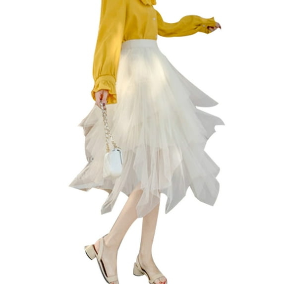 KOMOO Women's Mesh Skirt Irregular Elastic Tulle Bubble Skirt Flowy Mesh Layered Skirts