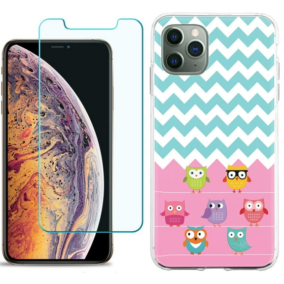 For Apple iPhone 11 Pro Case , Slim-Fit TPU Protective Phone Case with Tempered Glass Screen Protector, by OneToughShield ® - Chevron/Teal/Owl