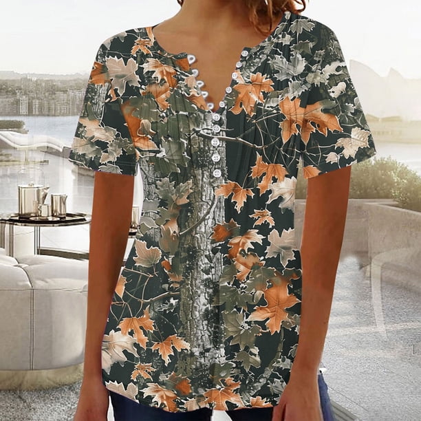 Fiudx Liquidación de Ofertas Flash Top Corto con Botones y Cuello En V Estampado para Mujer