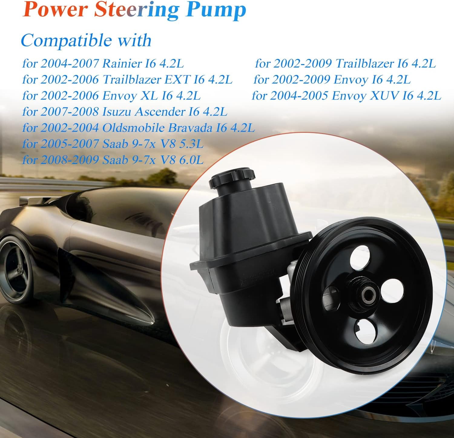 PANGOLIN Power Steering Pump with Pulley & Reservoir 20-65990 5029778 Fits for 2004-2007 Rainier I6 4.2L, 2002-2009 Trailblazer/Envoy I6 4.2L, 2005-2009 Saab 9-7x Petrol Sport Utility