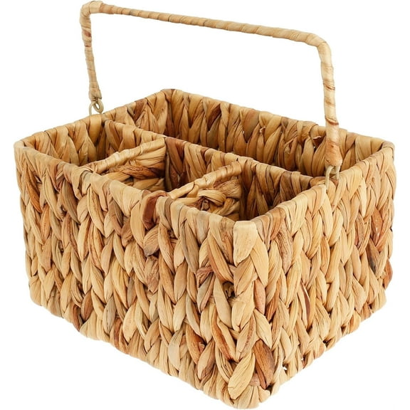 Kitchen Flatware Caddy Utensils Organizer Wicker Picnic Baskets with Handle, Hand-Woven Wicker Silverware Organizer,Hand Woven Water Hyacinth Cutlery Holder for Kitchen Dining Table, Restaurant.