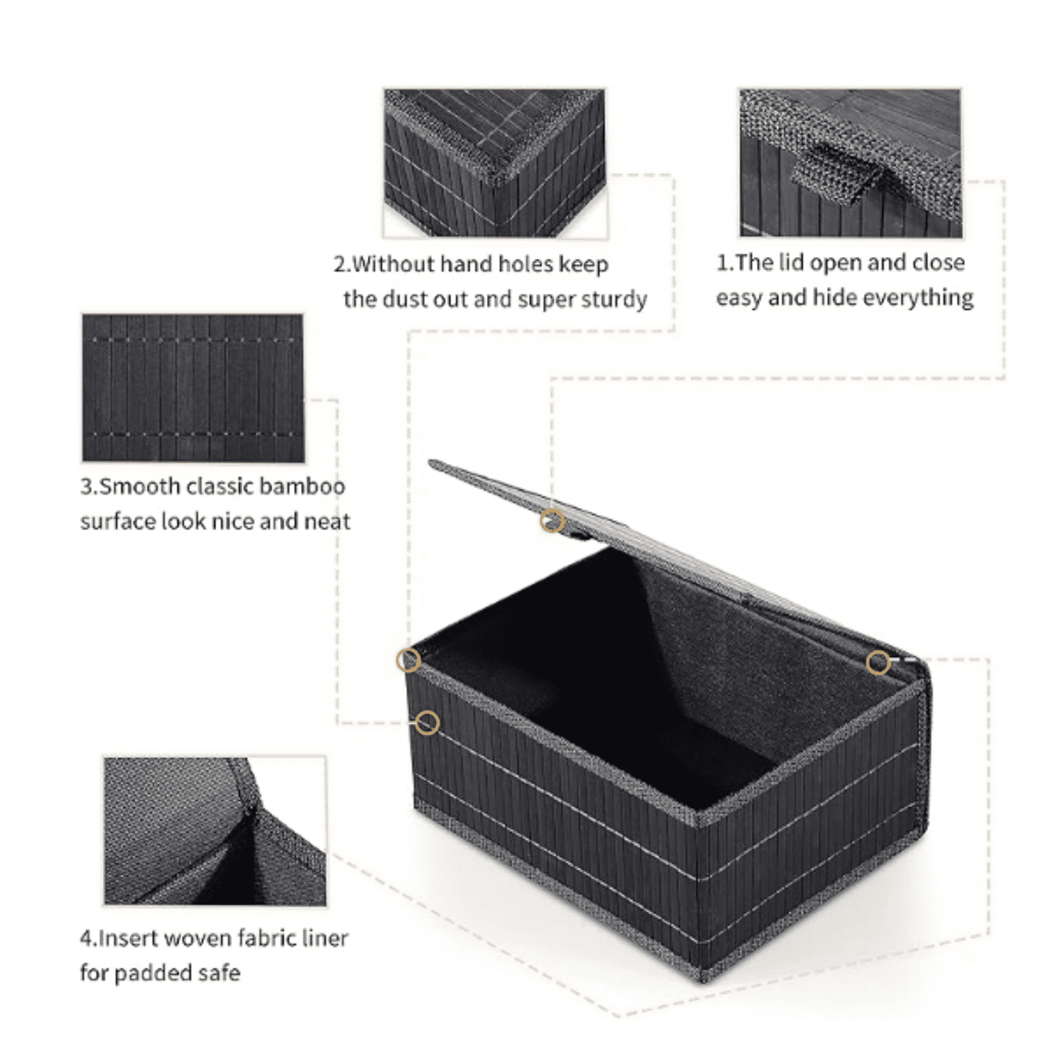 Bamboo D rative Storage Boxes - Set of 3 Woven Lined Storage Basket with Lids, Black Wicker Lidded Baskets for Home Kitchen Shelf Organizer D r