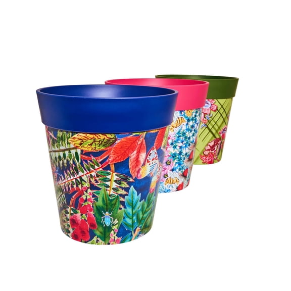 Hum Flowerpots, 3 Plastic, 8.5 inch Plant Pots, Multicolor Floral