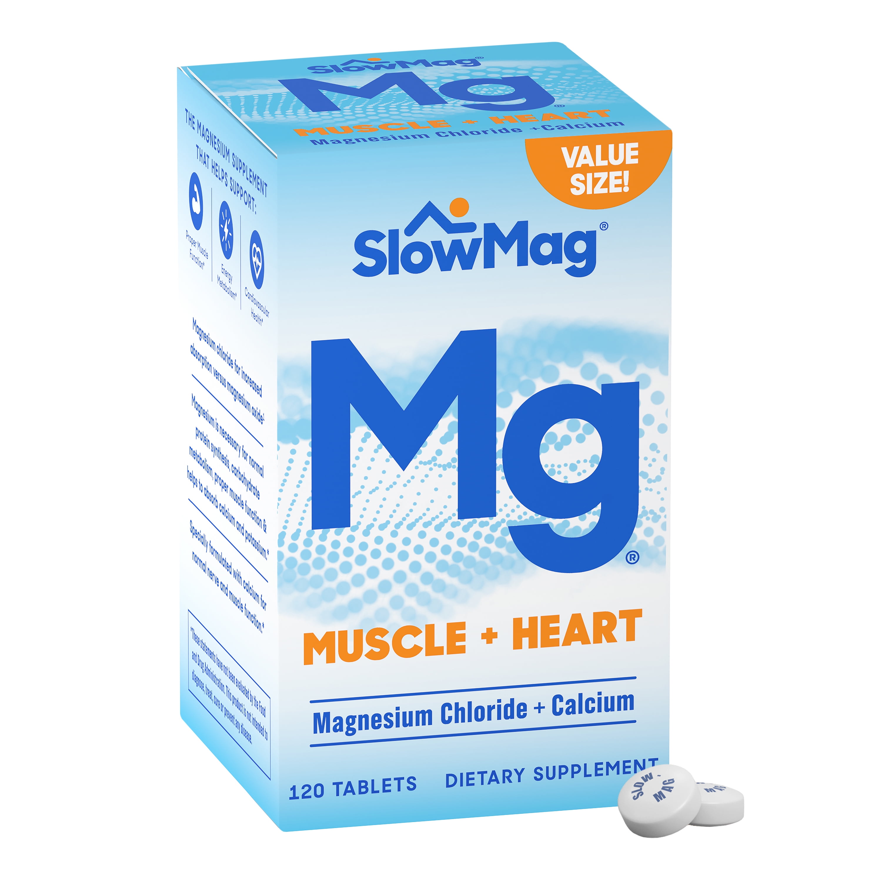 SlowMag Mg Muscle + Heart Magnesium Chloride Supplement Tablets with Calcium 120 Ct