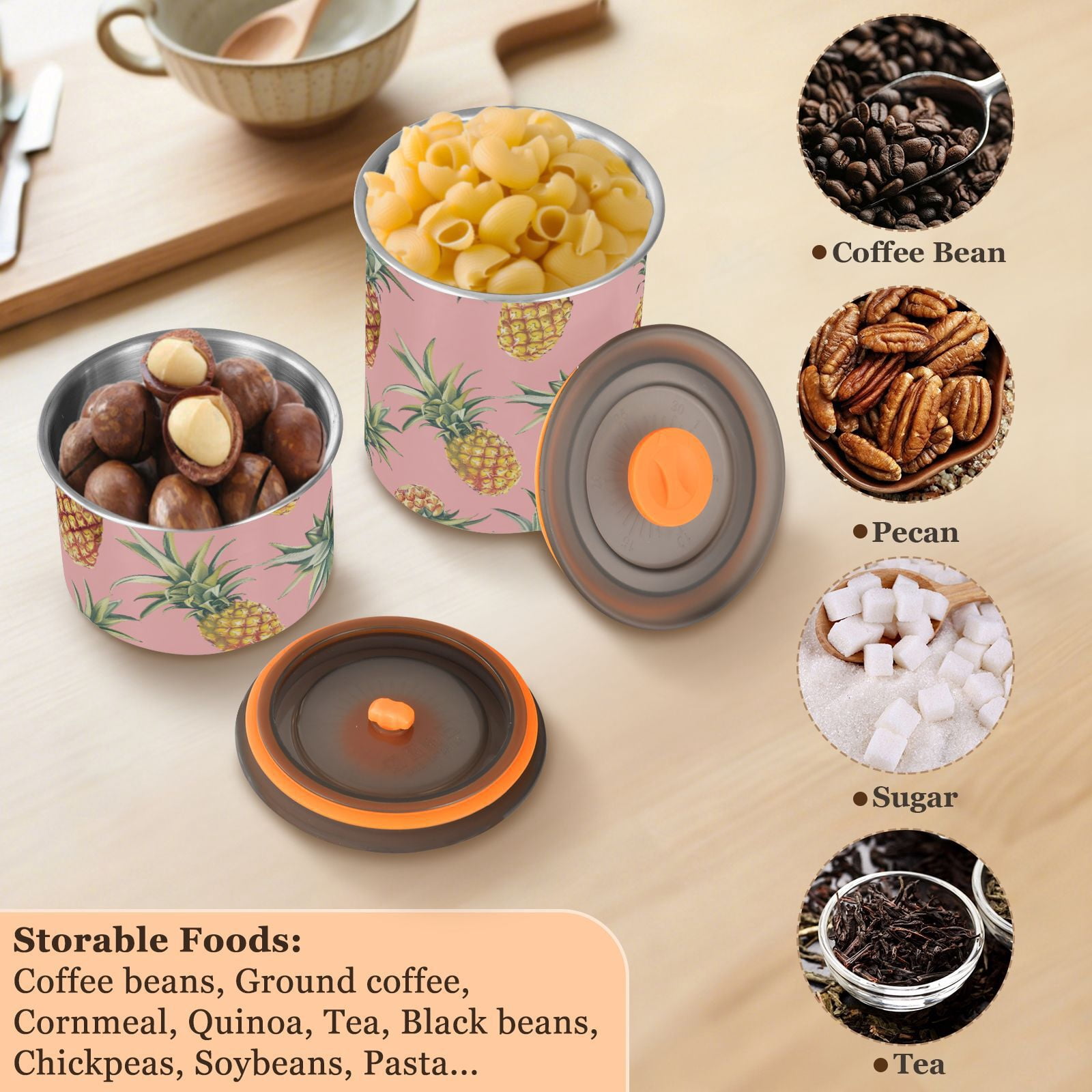 Pineapple Pink Airtight Coffee Bean Canister 30oz Food Storage Containers with Lids For Gournd, Tea, Sugar, Flour, Rice, Cereal, Candy Cookie Jar