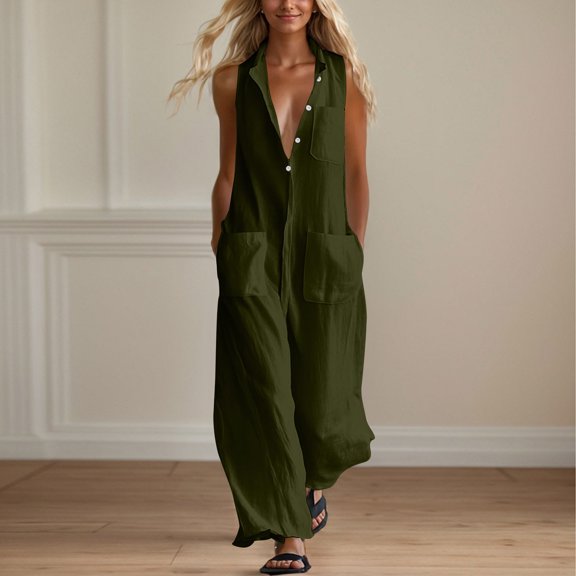 ClodeEU Women's Sleeveless Wide Leg Jumpsuit,Button Down Casual Linen Romper with Pockets Army Green,Women's Plus L