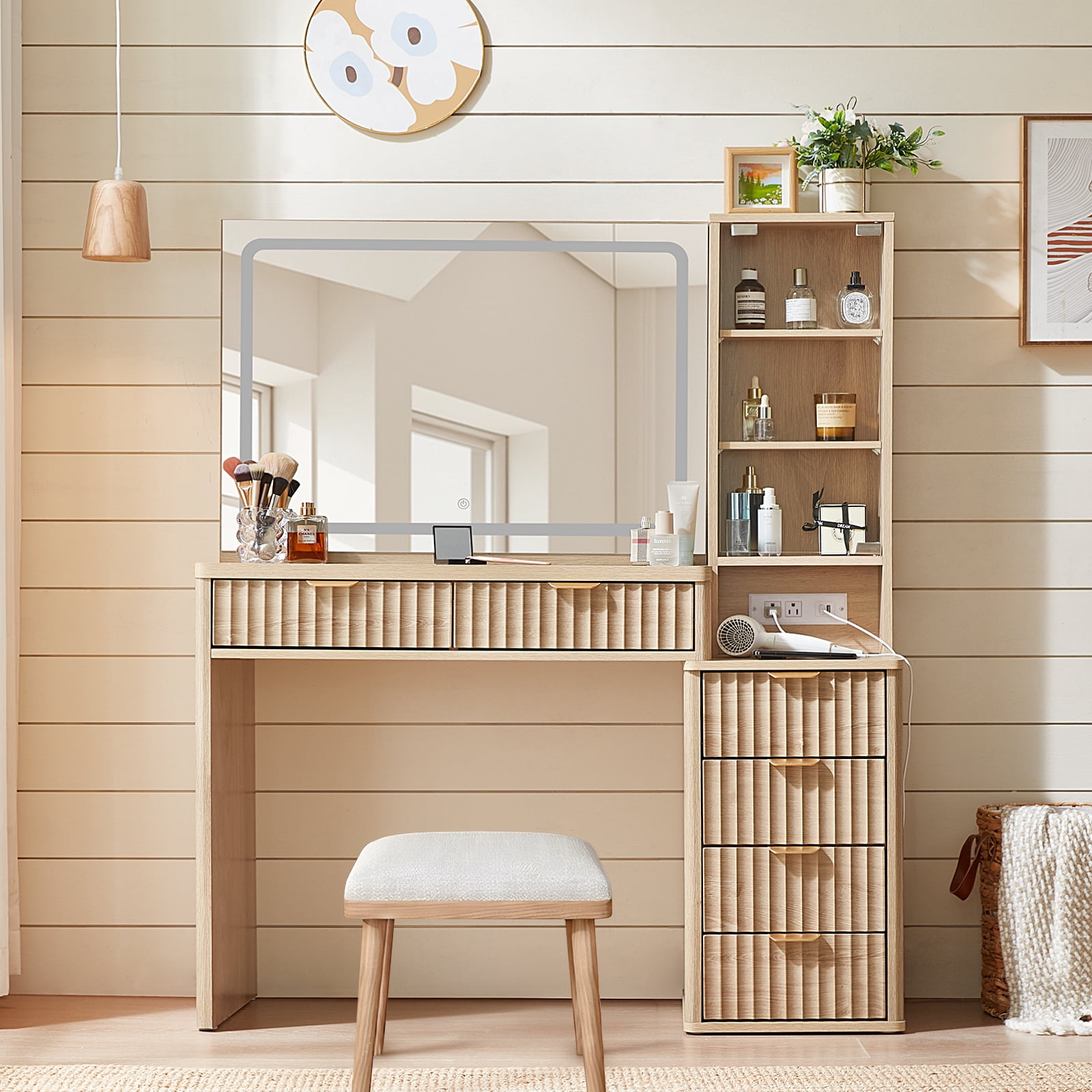 Leyaoyao 43.5 Fluted Makeup Vanity Desk with Mirror and LED Lights, Wood Makeup Vanity with Power Outlet & 3 Shelves for Living Room, Natural Oak
