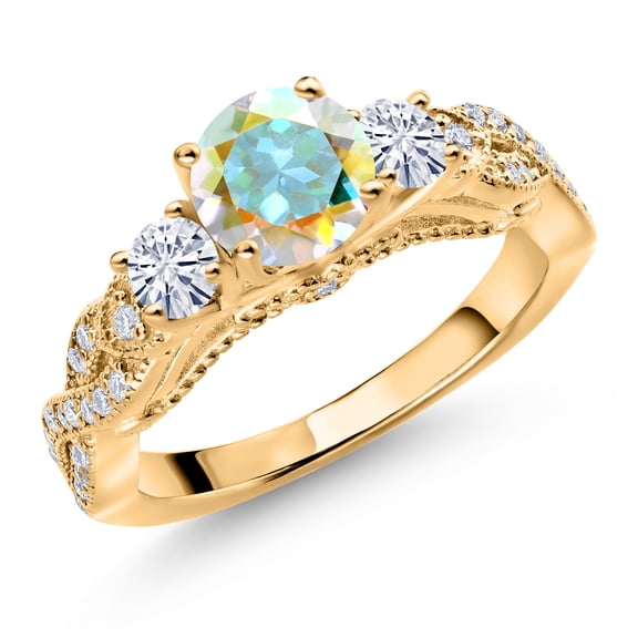 Gem Stone King 18K Yellow Gold Plated Silver Mercury Mist Mystic Topaz and White Moissanite Engagement Ring for Women (1.47 Cttw, Gemstone, Round 6MM and 3MM, Size 8)