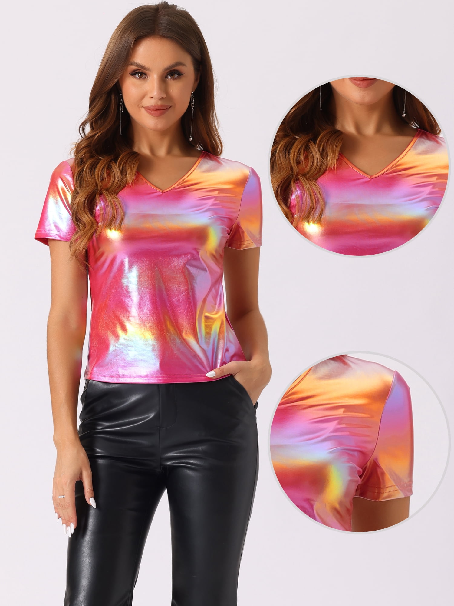 DARING DIVA Women's V Neck Party Clubwear Shiny T-Shirts S Pink