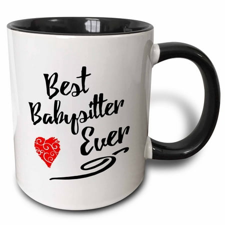 

3dRose Best Babysitter Ever Design in Black Text with Red Swirly Heart - Two Tone Black Mug 11-ounce