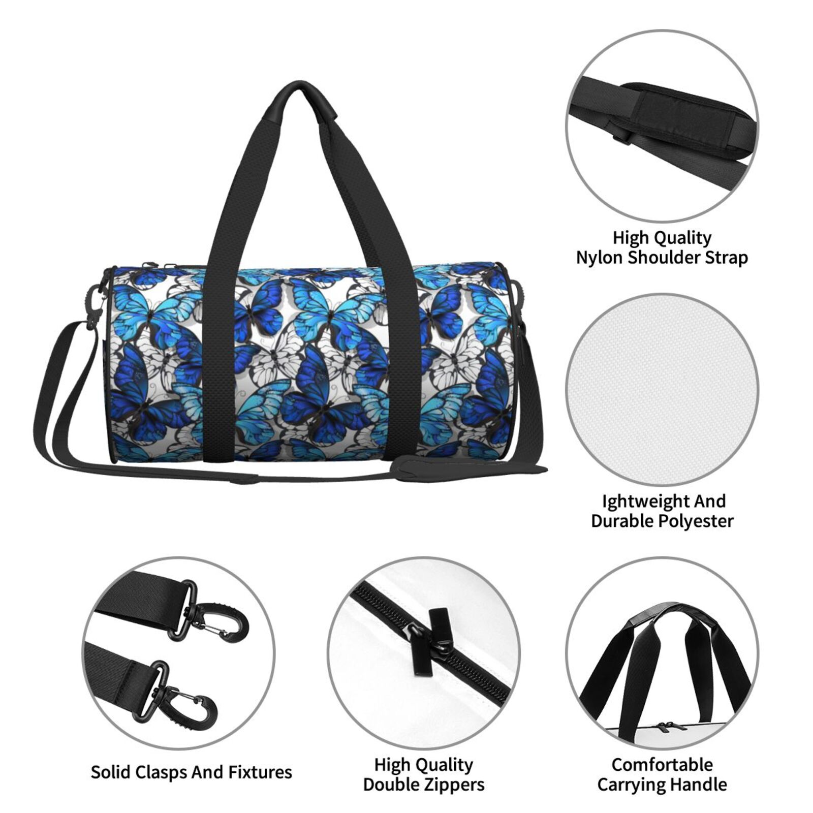 Horeoi Blue and White Butterflies Print Foldable Travel Duffle Bag with Removable Strap - Water-Resistant Gym Vacation Luggage Multi-Pocket Design
