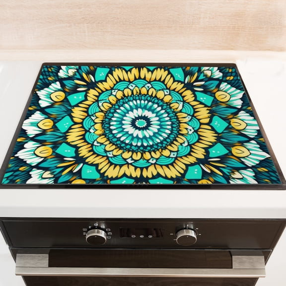 Stove Top Covers for Gas Burners Stove, Yellow and Turquoise Floral Mandala Pattern Non-slip Glass Top Protector Mat, Multifunctional Pad Expands Usable Space for Kitchen RV (28×20 Inch)