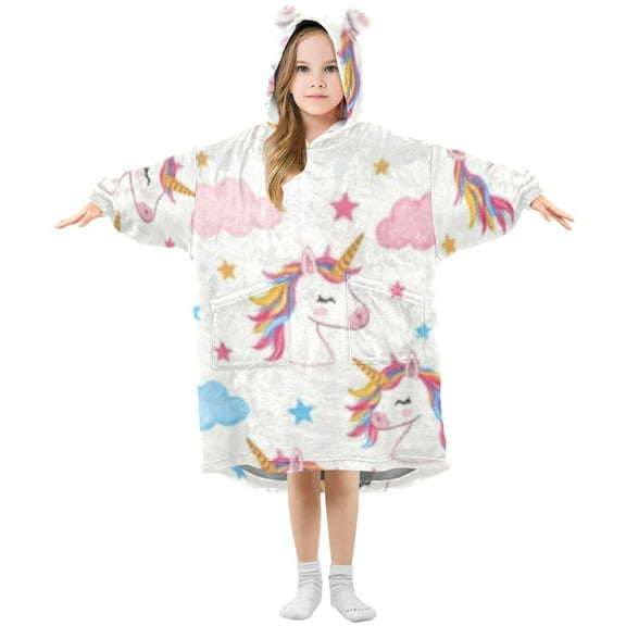 Wearable Blanket Hoodie for Kids Unicorn Clouds Stars Flannel Hooded Blanket with Pockets and Sleeves Suitable for Boys and Girls