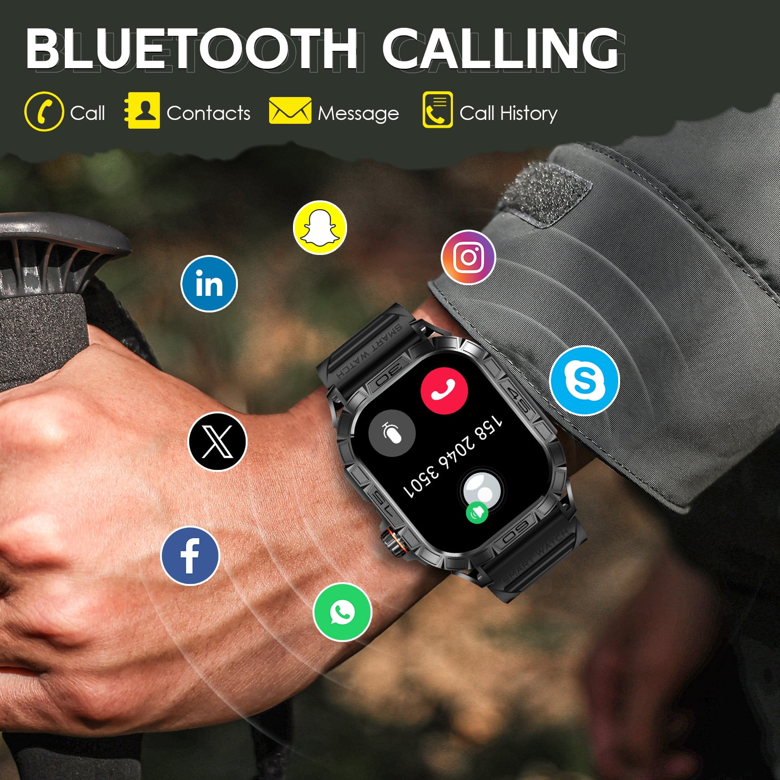 EIGIIS Military Smart Watch for Men Answer Make Calls Message Notification 1.96" AMOLED Full Touch Smartwatch Fitness Tracker Watch Sleep Monitor Step Counter Sports Watch for iPhone Android